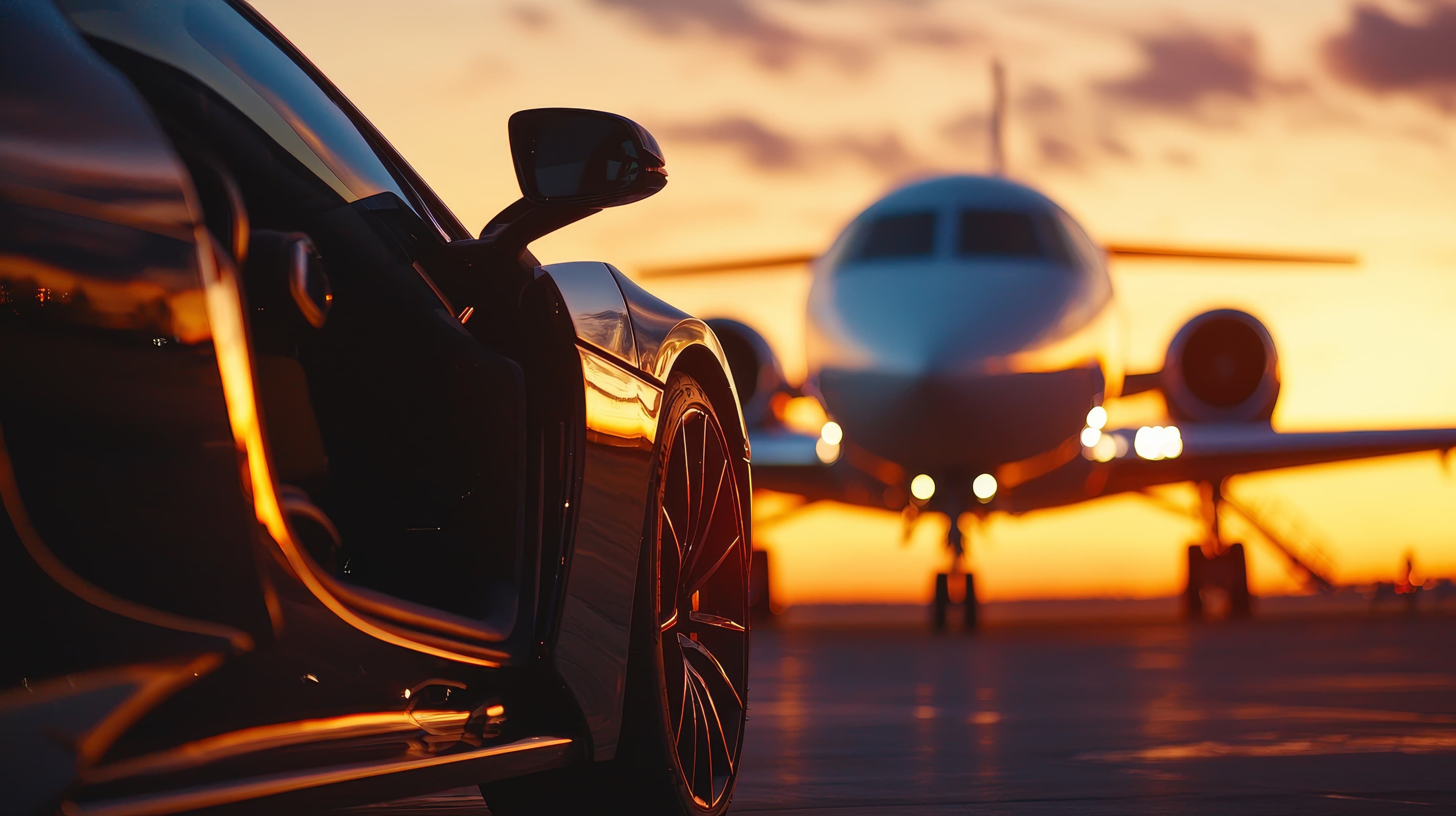 Exotic car on a runway at sunset